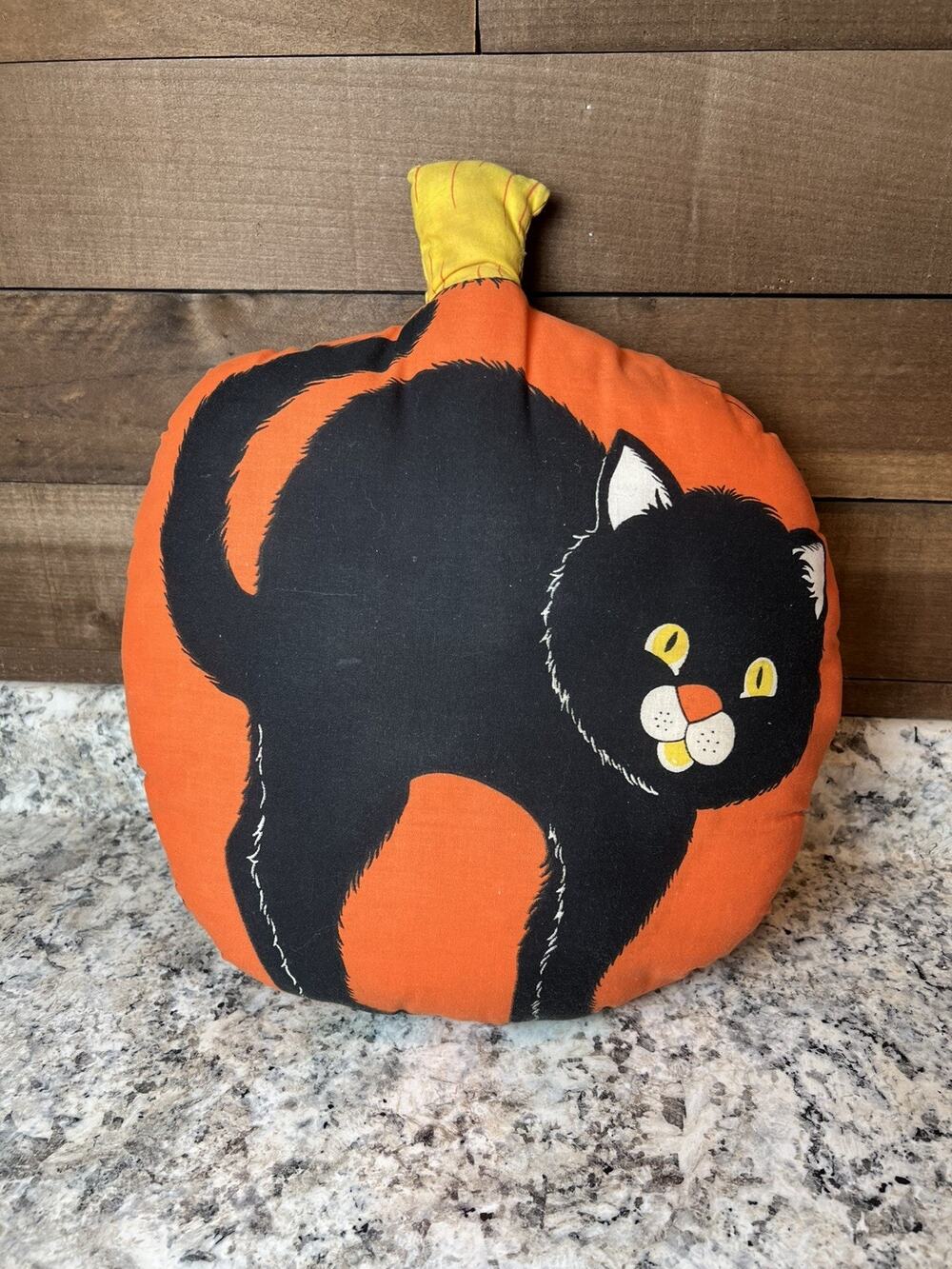 Vintage Handmade Halloween Pumpkin Jack-O-Lantern & Black Cat Pillow